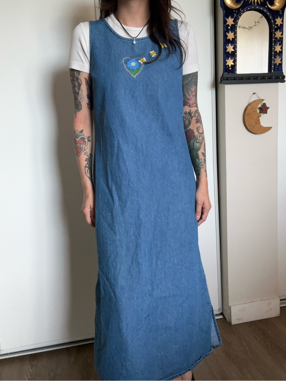 Vintage 90s Bee & Flower Denim Maxi Dress 🐝🌼